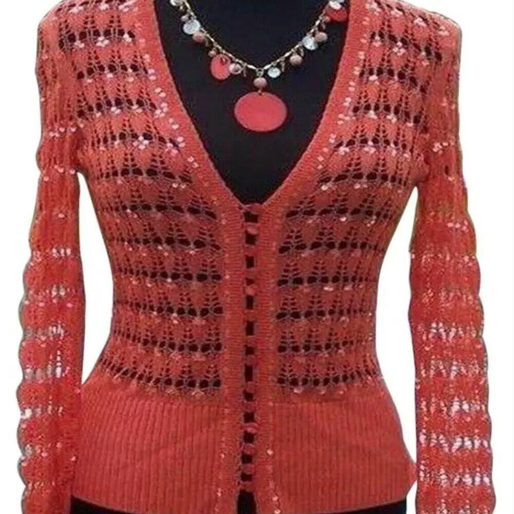 Cache Peek A Knit Sequin Kissed Sweater Top New Cardigan Tussan Silk $118 NWT - Picture 3 of 6